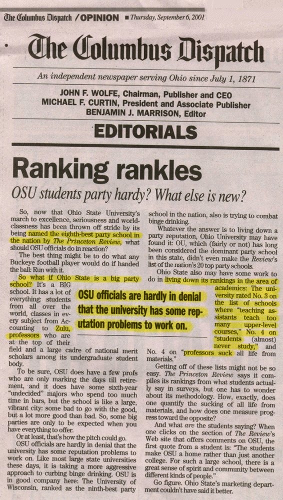 Ranking rankles, Columbus Dispatch, Thursday, September 6, 2001